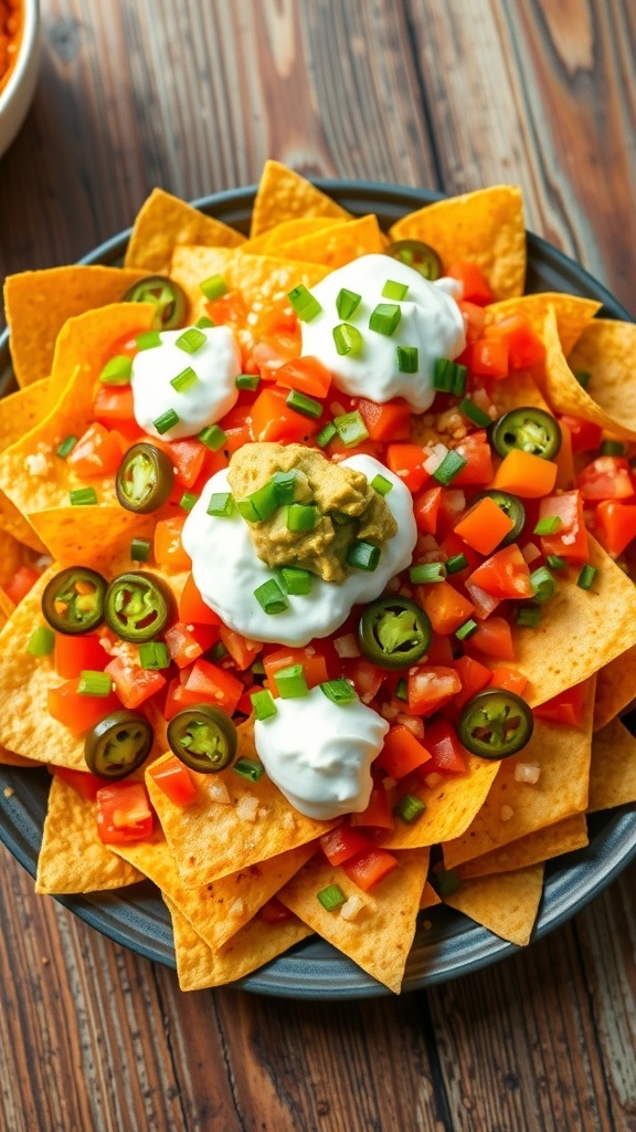 A colorful plate of loaded nachos with cheese, jalapeños, tomatoes, sour cream, and guacamole.